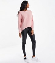 QUIZ Pink Ribbed Knit Crew Neck Button Cuff Jumper